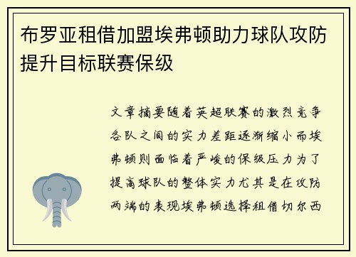 布罗亚租借加盟埃弗顿助力球队攻防提升目标联赛保级 布罗亚租借加盟埃弗顿助力球队攻防提升目标联赛保级